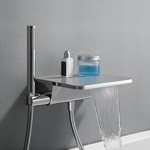 Aufputz Wasserhahn Wandmontage Badewanne Chrom Wasserfall Badewannenarmatur mit Handbrause Mischbatterie Dusche Doppelauslass
