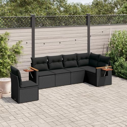 JHQHSM 6-TLG. Garten-Sofagarnitur mit Kissen Schwarz Poly Rattan, Modulares Design und Abnehmbare Bezüge für Terrasse und Balkon, Bequemes PE-Rattan Sofa mit Klappbaren Ablagen,