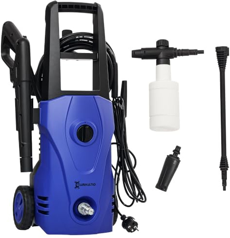 DURHAND Nettoyeur Haute Pression 1600W Débit 432 L/h 23,5x27x68 cm Bleu | Pompe en Aluminium 130 Bars, Tuyau 6m, Flacon de Savon, Buse & Brosse