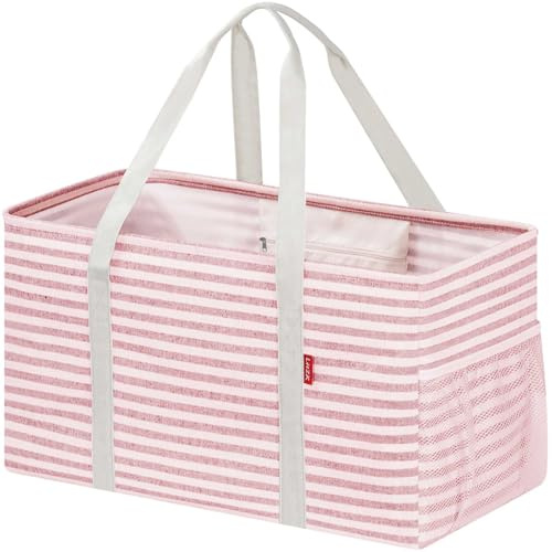 DSDCDJ Einkaufskorb Faltbar, Stehende Einkaufstasche mit Metalldrahtrahmen und Verstärktem Boden, Korb Einkaufen Groß Tragekorb mit Henkel - Ideal für Einkaufen, Picknick, Strand, Camping (Pink)