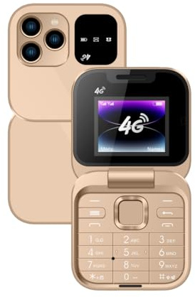 Tosuny 4G LTE Flip Phone Unlcoked, 4G Mini Flip Phone for Seniors, Loud Speaker, Dual SIM Slot, 1.77 Inch Screen, One Click Dialing, Bluetooth, FM Radio, 1000mAh Battery (Gold)