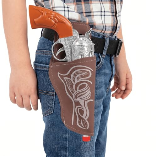 Henbrandt Silver Cowboy Pistol Gun 27cm with Brown Holster and Black Belt Set - Wild West Sheriff Fancy Dress Costume Accessory for Children Adults Roleplay