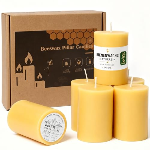 6er Pack 100% Bienenwachs Stumpenkerzen Natur,Gelb,5x7cm | 32 Stunden Brenndauer,Bienenwachskerzen,Tropffrei & Rußfrei für Entspannung & Deko