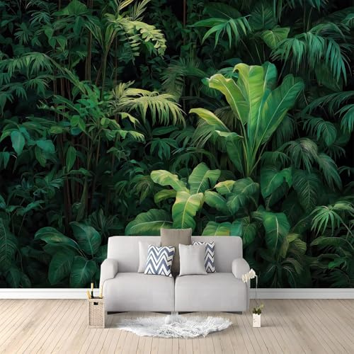 Wallpaper - Wall Mural 350 x 256 cm Sofa TV Kids Bedroom Non-Woven Premium Art Print Green Wall Mural Decoration Poster Picture Design Realistic Jungle Green Leaves