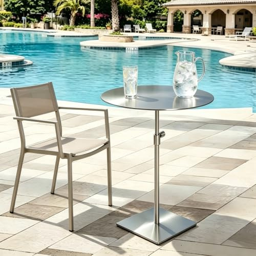 Mesa De Cóctel Para Exteriores De Acero Inoxidable A Prueba De Herrumbre, Mesa De Bistró Redonda Ajustable En Altura De 50-70 CM, Mesas Auxiliares Altas Portátiles Para Terraza Y Piscina(Top 50cm)