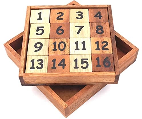 ROMBOL rutschende 15 und 34, Zwei Spiele in einem, Holzspiel, Denkspiel, Knobelspiel, Geduldspiel aus Holz