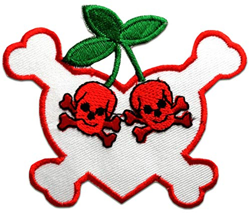 Catch the Patch Kirsche Totenkopf - (Größe: 8,5 x 7,3 cm) – Stickpatch – Ideal für Kutte, Rockerjacke, Jeansweste, Kleidung & Accessoires – Robuster Patch für Erwachsene