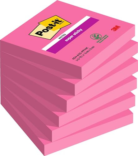 Post-it Super Sticky, Pink - Pack of 6 Pads, 90 Sheets per Pad, 76 mm x 76 mm - Extra Sticky Notes For Note Taking, To Do Lists & Reminders