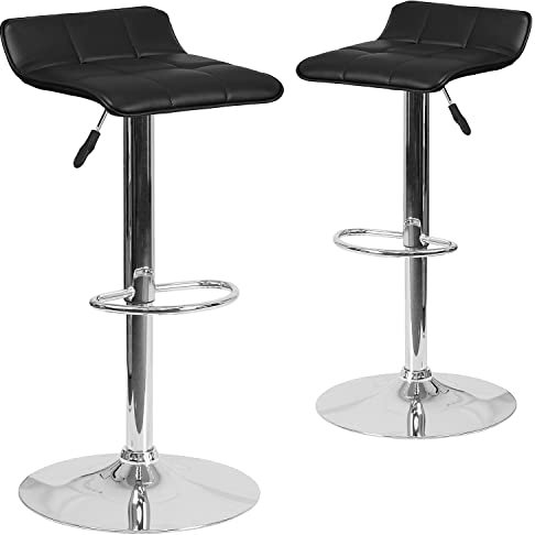 Flash Furniture Barstuhl, höhenverstellbar, modern, Vinyl, gesteppter Sitz in Wellenform und Chrombasis, Metall, Schaumstoff, Kunststoff, Schwarz, 2 Stück