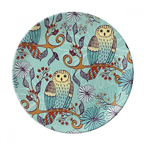 Plato de postre de porcelana decorativo, diseño de búho con flores azules