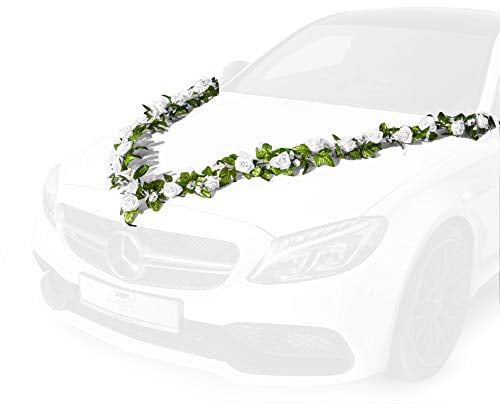 Fairytale Wedding © Autoschmuck Hochzeit mit 24 wunderschönen Seidenblumen - 2 X 180cm Hochzeitsdeko Auto inkl. 4 Autoschleifen für Türgriffe - Autodeko Hochzeit mit 12 extrastarken Saugnäpfen