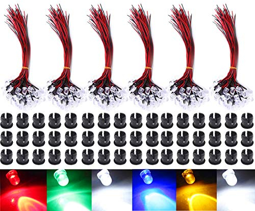 GTIWUNG 60Pcs 5mm Leds mit 20cm Kabel, DC 12V Vorverdrahtetes Licht, Vorverdrahtete LED-Dioden Licht (Rot, Gelb, GRÜN, Weiß, Warmweiß, Blau, Jeder10Pcs) + 60Pcs 5mm LED Montageringe Plastik
