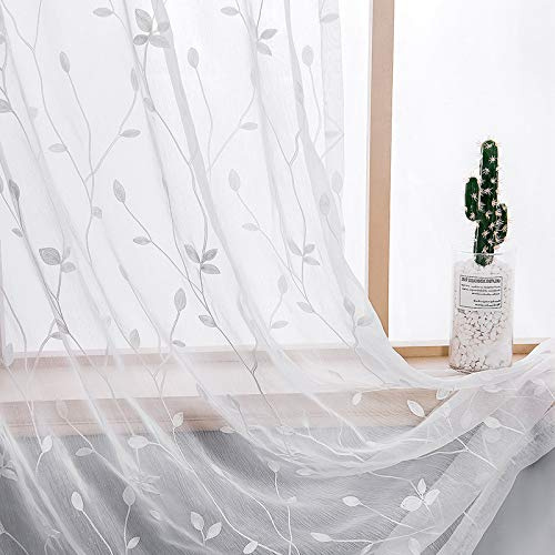 AmHoo 2 Stoffbahnen Bestickt Blattmuster halbdurchscheinend Vorhänge Laub Blumen Voile Fenster Vorhänge Behandlung für Schlafzimmer Wohnzimmer Stangentasche weiß 134 x 244 cm