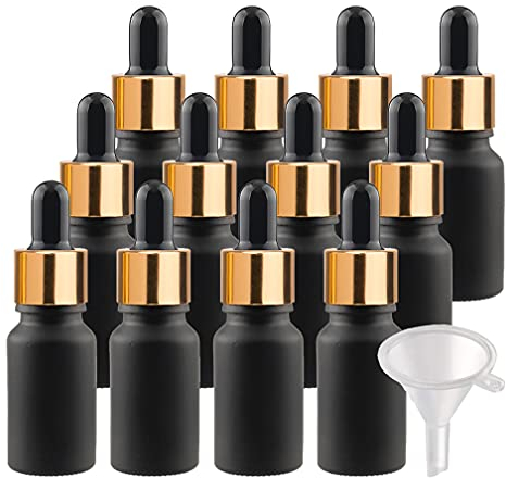 BasicPacking 12 Stück 10ml Matt Schwarzglas Pipettenflasche, Leere Kleine Glasflasche mit Gold/Schwarz Pipette, Glaspipette Tropfflasche für ätherische Öle Aromatherapie + 2x Trichter