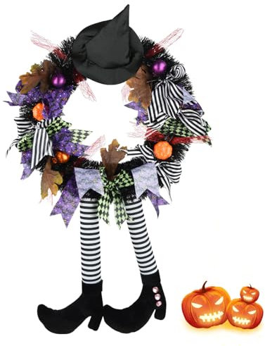 Couronne d'halloween - Couronne d'halloween de sorcière de 24 Pouces avec Chapeau,Pattes de sorcière,Citrouille,décorations d'halloween pour Porte,Porche,fenêtre,décoration intérieure et extérieure