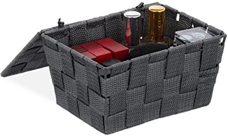 Relaxdays 1 x Aufbewahrungskorb mit Deckel, Flechtoptik, Bad Organizer HxBxT: 10,5 x 19,5 x 14,5 cm, Kunststoff, grau