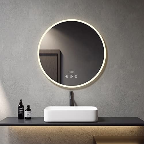 Meykoers Badspiegel mit Beleuchtung rund, Badezimmerspiegel mit Beleuchtung Runder LED Badspiegel 80cm mit Einstellbarer Helligkeit, Touch-Schalter + Anti-beschlag + Uhrzeit + Bluetooth Lautsprecher