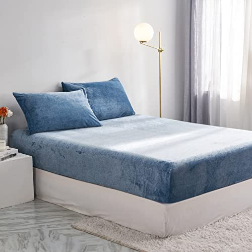 Damier Kinder Winter Spannbettlaken 90x200cm Blau Fleece Warme Plüsch Spannbetttuch Cashmere Coral Jungen Kids Bettlaken Geeignet für 30cm Matratze