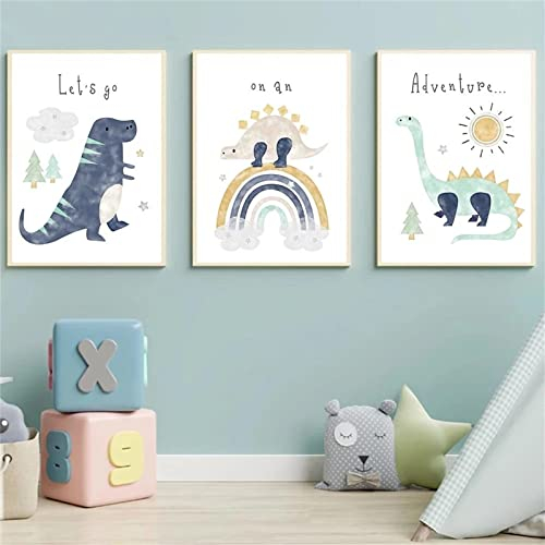 Sarah Duke Poster Kinderzimmer Deko, 3er Set Dinosaurier Wandbilder Junge, Ohne Rahmen Cartoon Leinwand Bilder, Wanddeko Kinderposter für Kinder (30 x 40 cm)