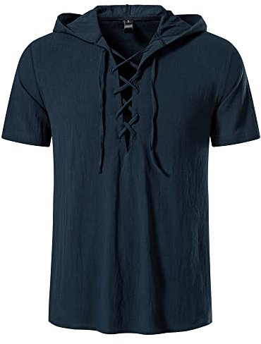 Mens Hooded Lace up Shirts Summer Regular Fit Short Sleeve Hoodies Smart Casual Lightweight Cotton Beach Hood T Shirt Tops-Dark Blue-L