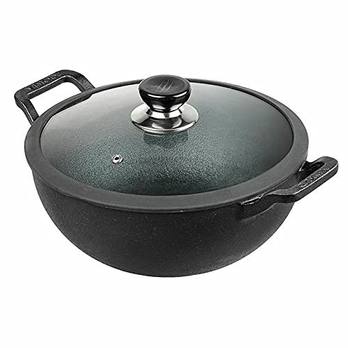 Non Stick Induction Hob Wok with Lid - Deep Stir Cast Iron Kadai Pan with Lid - 24cm, 3.3 Litre