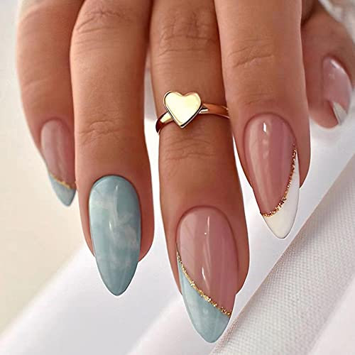 24PCS Short False Nails with Glue Stickers, Almond Full Cover Acrylic and Press on Nails no Glue,Blue White French Fake Nails Stick for Women and Girls Nail Art