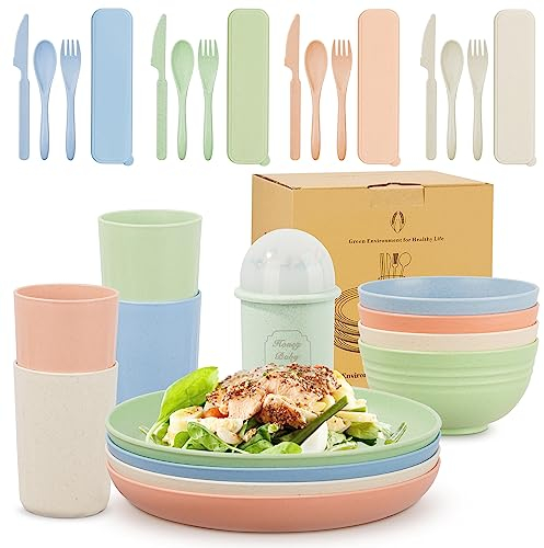 Chuboir 40pcs Dinner Set, Camping Plates and Bowls Set for 4 People, Unbreakable Tableware, Plastic Lightweight Serving Plates, Bowls, Cups, Cutlery Set, Forks for Camping, Picnic, Party, RV, Dorm