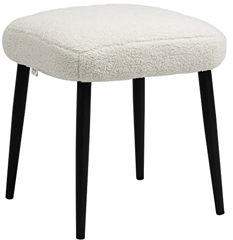 HOMCOM Fußhocker Sitzhocker Quadratischer Schminkhocker Fußstütze mit Kaschmir-Optik, Stahlbeine, für Wohnzimmer, Schlafzimmer, Cremeweiß, 42 x 42 x 47 cm