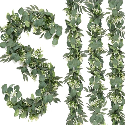 Dremisland 4 Stück Girlande Eukalyptus Deko mit Weiße Blumen Weidenblätter Künstliche Pflanzen Girlande Frühjahrsdeko Grün Kunstpflanze Hängepflanze für Hochzeitsbogen Hochzeits Tischgirlande
