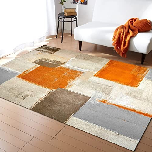ZONOKI Tappeto Salotto Moderno Arte Dei Graffiti Grigio Arancio Astratto, Tappeto Grande Lavabile Modello Irregolare Geometrico Retrò - per Soggiorno Camera da Letto E Sala da Pranzo - 90 x 120 cm