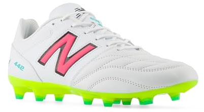 New Balance Men's 442 V2 Team FG Soccer Shoe, White/Hi-lite/Neon Pink, 42.5 EU