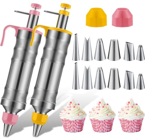 Set di 2 pistole decorative per glassa, siringhe e 12 beccucci russi per la decorazione di cupcake, iniettori per dolci, strumento per glassare torte (rosa, giallo)