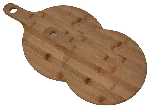 hausleben Pizzateller 2er Set Holz 25,5 cm – Rundes Pizzabrett mit Griff aus Bambus – Kleines Servierbrett & Küchenbrett für Tapas, Käse & Frühstück – Langlebig