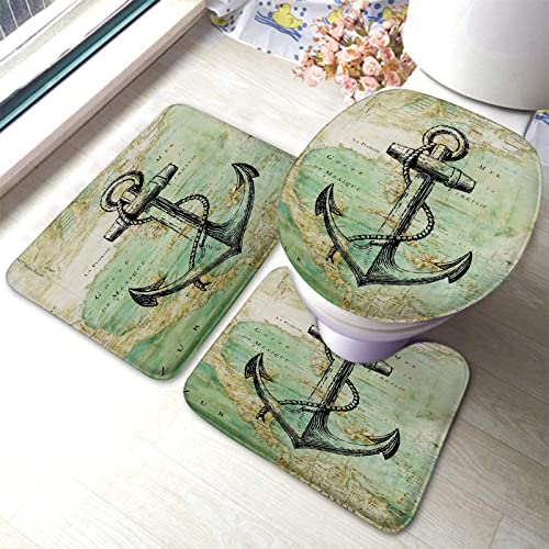rutschfeste 3 Badteppich Set Vintage Seekarte Mit Anker Badgarnitur Badematten Anti-Rutsch Teppich, Für Badezimmer, Dusche