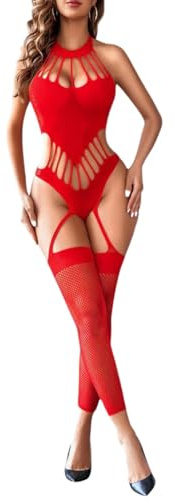ROSVAJFY Damen Netz-Bodystocking Sexy Ärmelloser Neckholder Catsuit mit Strümpfen, Transparente Reizwäsche, Elastischer Einteiler, Erotischer Dessous-Teddy für Nachtwäsche Lingerie
