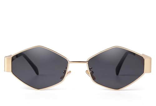 Laurinny Trendy Retro Sonnenbrille für Damen Herren Vintage Hexagonal Metallrahmen Polygon Sonnenbrillen Metall Brille(Gold/Grau)