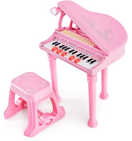KOMFOTTEU 31 Tasten Kinderklavier Set, Elektronisches Klavier mit Mikrofon & Hocker, E-Piano Klaviertastatur mit 8 Percussionseffekte & 4 Begleitstile, Keyboard für Kinder ab 3 Jahren (Rosa)