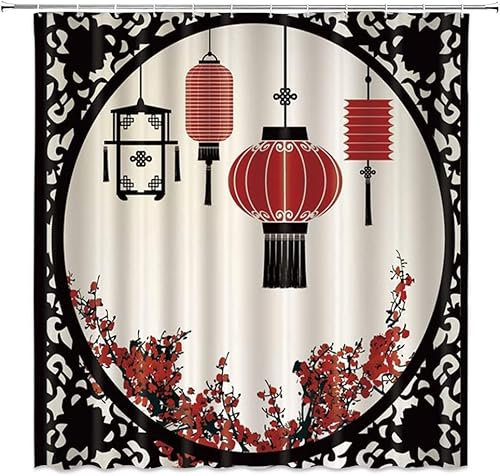 Duschvorhang 120 x 200 Chinesische Lampe Duschvorhänge Orientalisches Asien Anti Schimmel Waschbar Polyester Textil Shower Curtains für Badezimmer Badewanne mit 8 Haken, Z3731