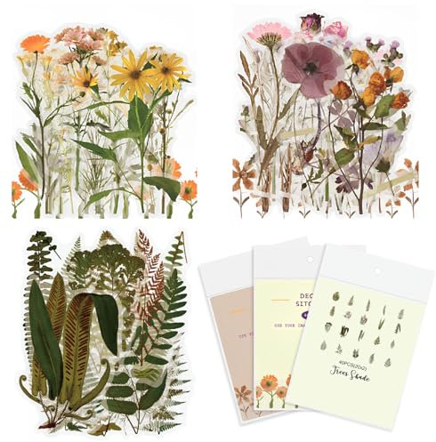 120 Pcs Flower Stickers, Vintage Plants Flowers Decorative Stickers, Self-Adhesive PET Transparent Waterproof Flower Fern Leaves Stickers for Scrapbooking, Arts, DIY Crafts, Card Making, Laptops