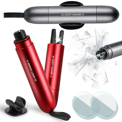 Riwer Notfallhammer fürs Auto 2er Set Sicherheitshammer Fensterbrecher 2 IN 1 Nothammer Autoscheibe mit Gurtschneider & Gehärteten Spitzen fürs Auto, Bus, Emergency Hammerdex (Dunkelgrau&Rot)