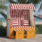 HEFZGDB Strandkorb mit Kissen Poly Rattan und Massivholz Rot & Weiß Feldbett Gartenliege Strandkorb Geeignet für Pool, Terrasse, Garten.