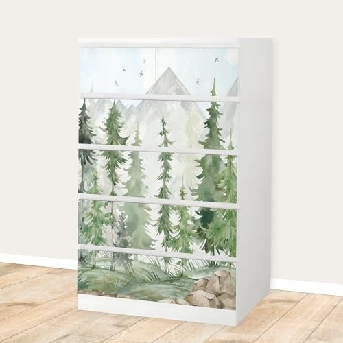 Unik Nordic Aufkleber Set Tannenwald Aquarell für MALM Kommode mit 80 cm Schrankbreite, 6 Schubladen-Folien, Sticker für Schrank, Möbelfolie fürs Kinderzimmer, Schrankfolie für Kinder