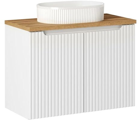 Lomadox Badezimmer Waschtisch 80cm mit Keramikwaschbecken, weiß und Eiche mit gerillter Front