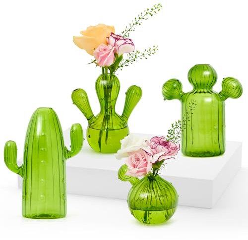 XXXFLOWER 4PCS Green Glass Bud Vase Small Flower Vases for Table Decoration Sweet Pea Vase in Bulk for Flowers Vintage Glass Cactus Gifts for Centerpiece Party Home Wedding Decor