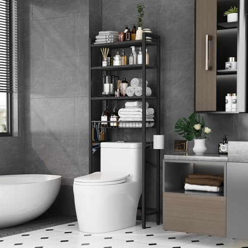 Kalrin Estante de Baño, Estante Multifuncional Ajustable de 4 Niveles para el Baño, Estante sobre el Inodoro con Cestas, Estante Ahorra Espacio, Fácil de Montar - Negro