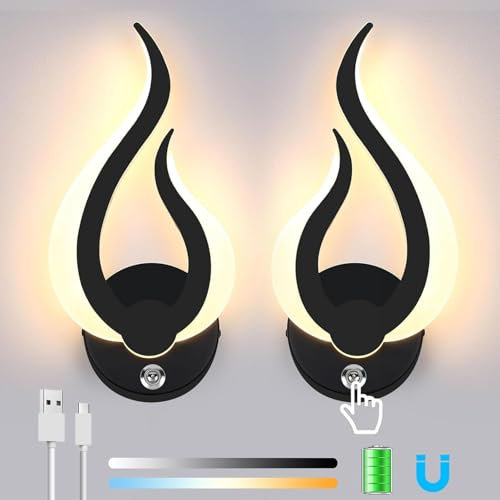 Lightsjoy 2 Pack Wall Lights Battery Operated Dimmable Wall Light Rechargeable Touch 3 Color Temps Adjustable Wall Sconces Wireless Led Wall Lamp Indoor Bedroom Wall Lighting Fixture for Living Room