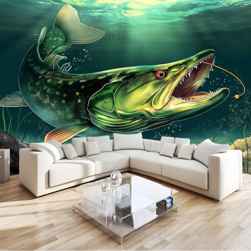Fototapete 3D Effekt Malstil Grüner Fisch Tapete 250x175 cm 3D Vlies Wanddeko Wallpaper Wandtapete Dekoration Study Zimmer Wohnzimmer Restaurant Cafe