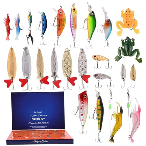 NASSMOSSE Fischerei Adventskalender 2023, 24 Tage Fischerei Köder Weihnachtsfischerei Fischerei Kit für Bass, Forellen, Lachs Männer, Angelliebhaber Dekor