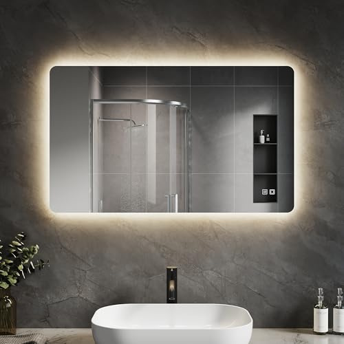 SVNR Badezimmerspiegel Mit Hintergrundbeleuchtung,100 x 60cm An Der Wand Montierter LED-Kosmetikspiegel Mit 4mm Kupferfreiem Glas, Aluminiumrahmen, 3 Lichtfarbe+Stufenloses Dimmen