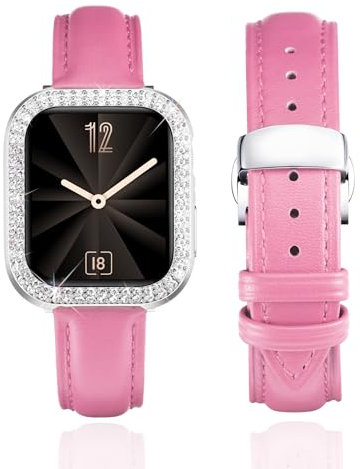 BINLUN Leather Strap Compatible with Apple Watch 45mm 44mm 41mm 40mm Women Leather Band with Glitter Diamond Rhinestone Case Compatible with iWatch Series 9/8/7/SE2/SE/6/5/4(41mm, Rose)